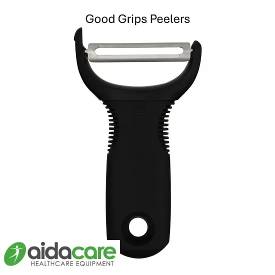 Black Good Grips peeler with silver blade and white cutting edge on a white background