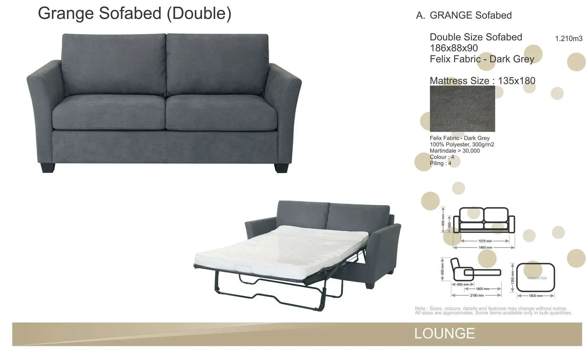 Gray 2-seat sofa with pull-out bed, lounge style, shown with dimensions and fabric details