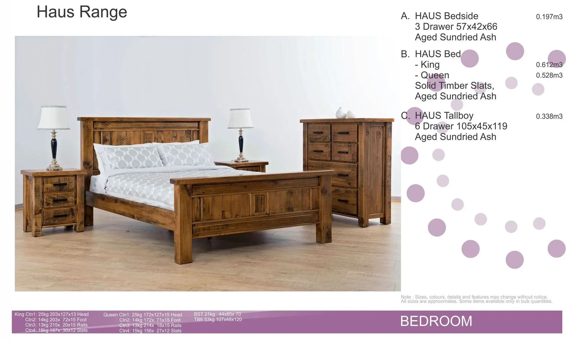 Rustic wooden bedroom furniture set with bed, nightstands, chest, and dresser on white background