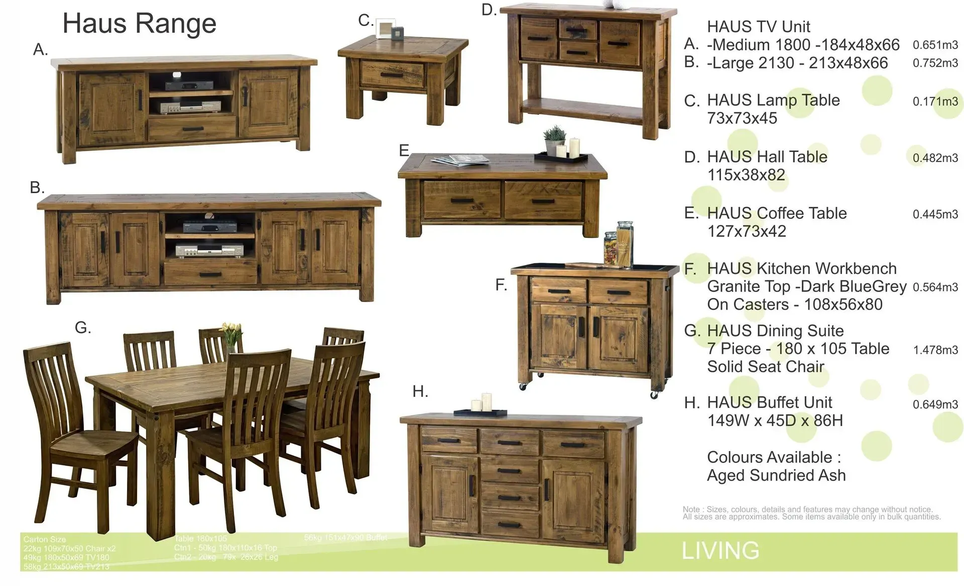 Wooden living room furniture set with tables, TV stand, chairs, and cabinet on white background