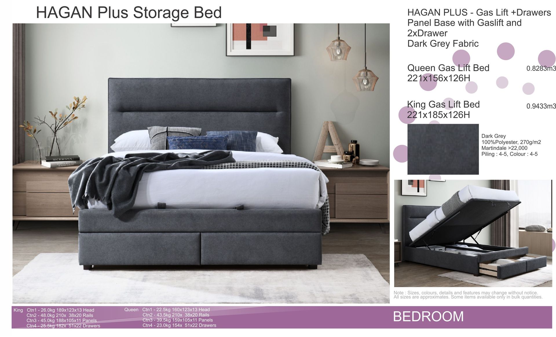 Gray upholstered storage bed in a bedroom, shown with a lifted mattress revealing under-bed storage.