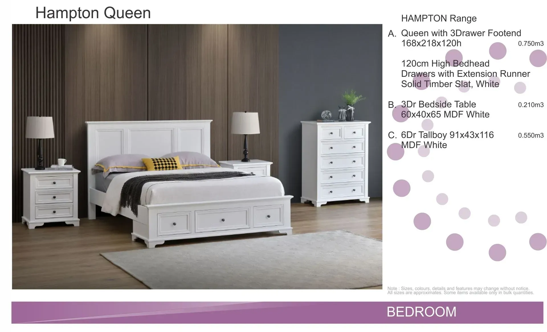 Hampton Queen white bed set in a bedroom with matching nightstands and dresser, wood accent wall