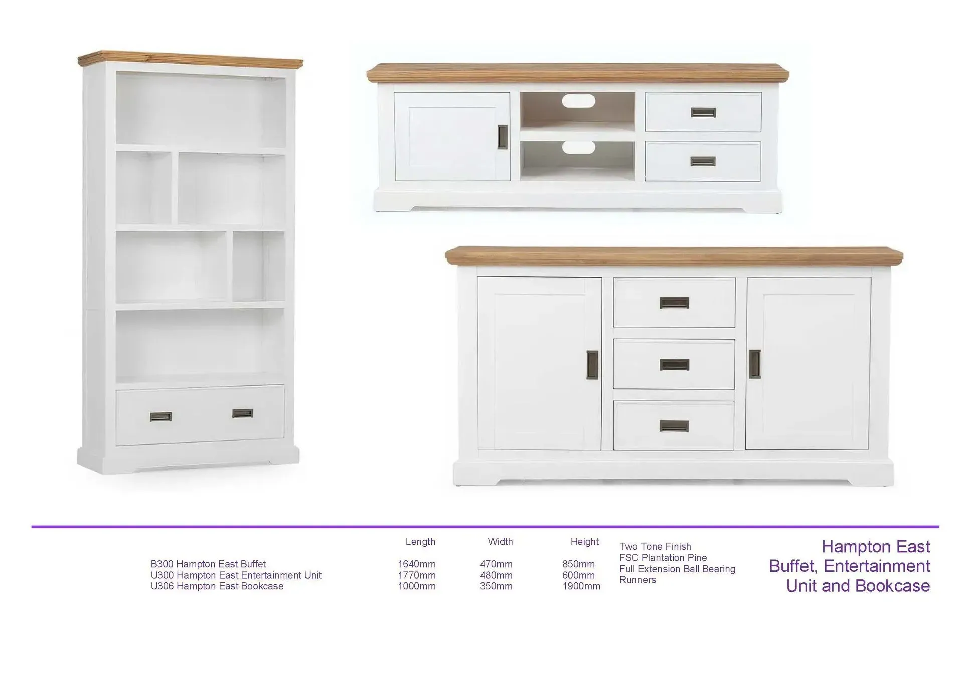 White wooden shelving and storage cabinets with light wood tops, shown in a product catalog layout.