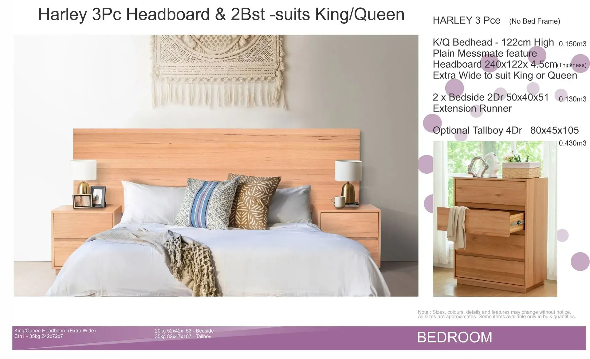 White king bed with oak headboard, matching nightstands, and beige bedding in a modern bedroom furniture ad