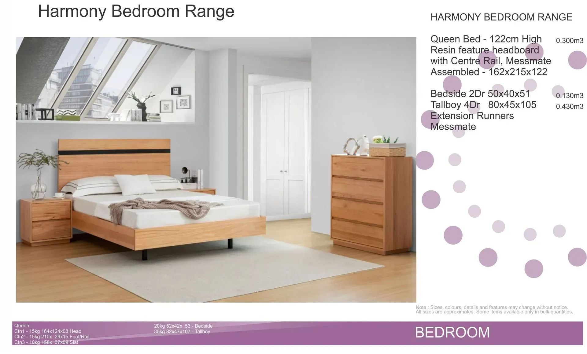 Bedroom furniture ad showing a light wood bed, dresser, mirror, and white decor in a bright modern room