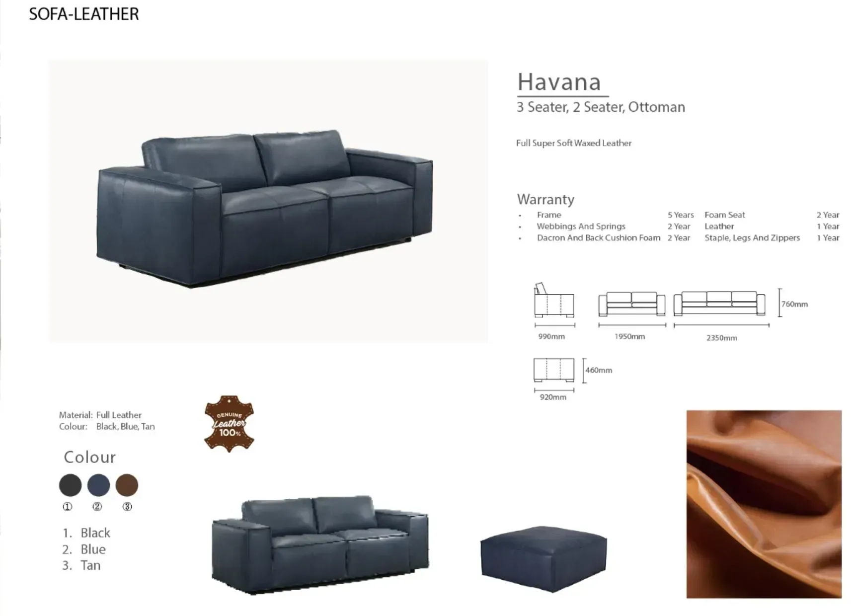 Havana dark gray modular sofa with product details and color swatches on a catalog page