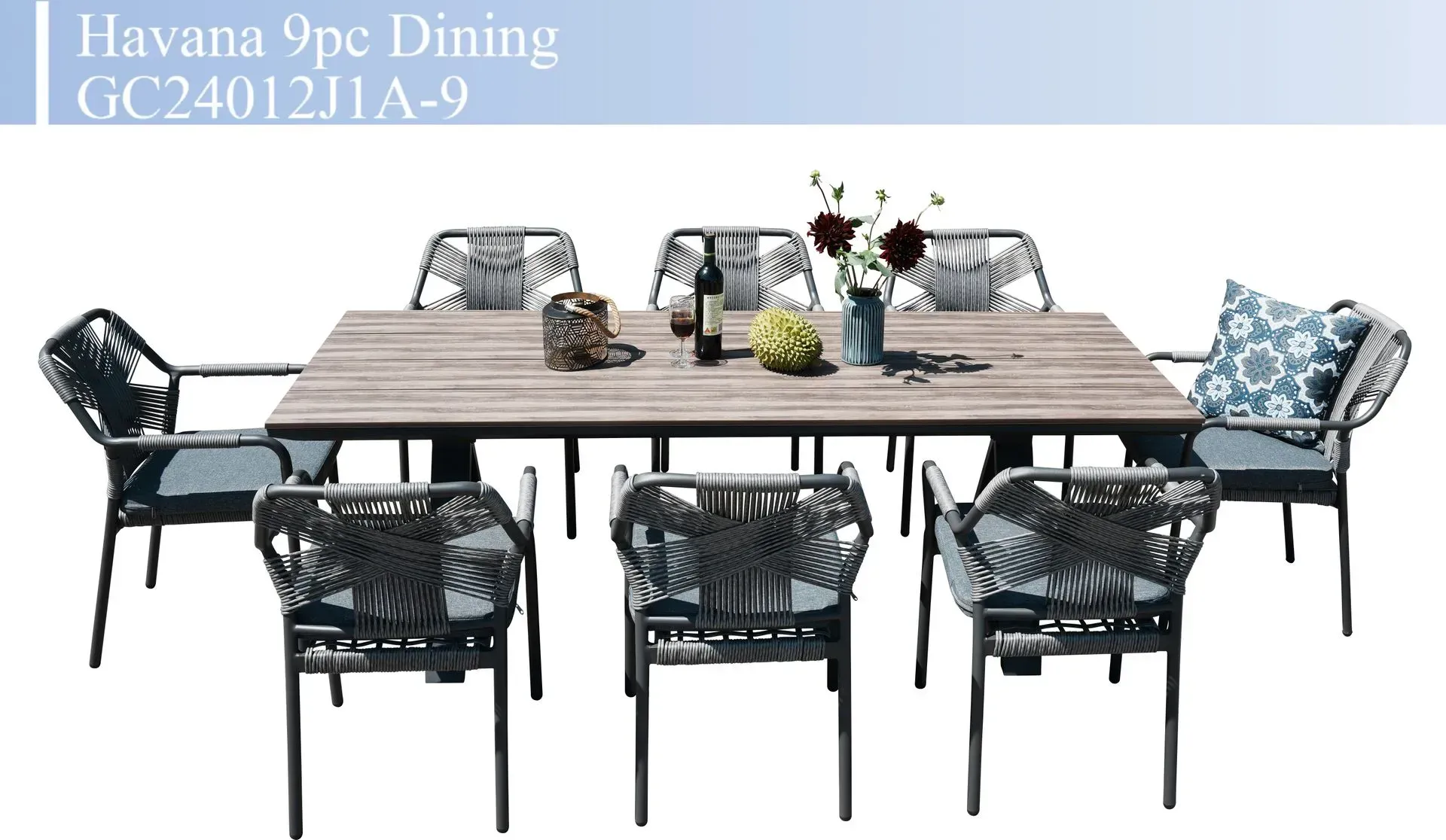 Black dining set with rectangular table and eight chairs, styled for outdoor patio use
