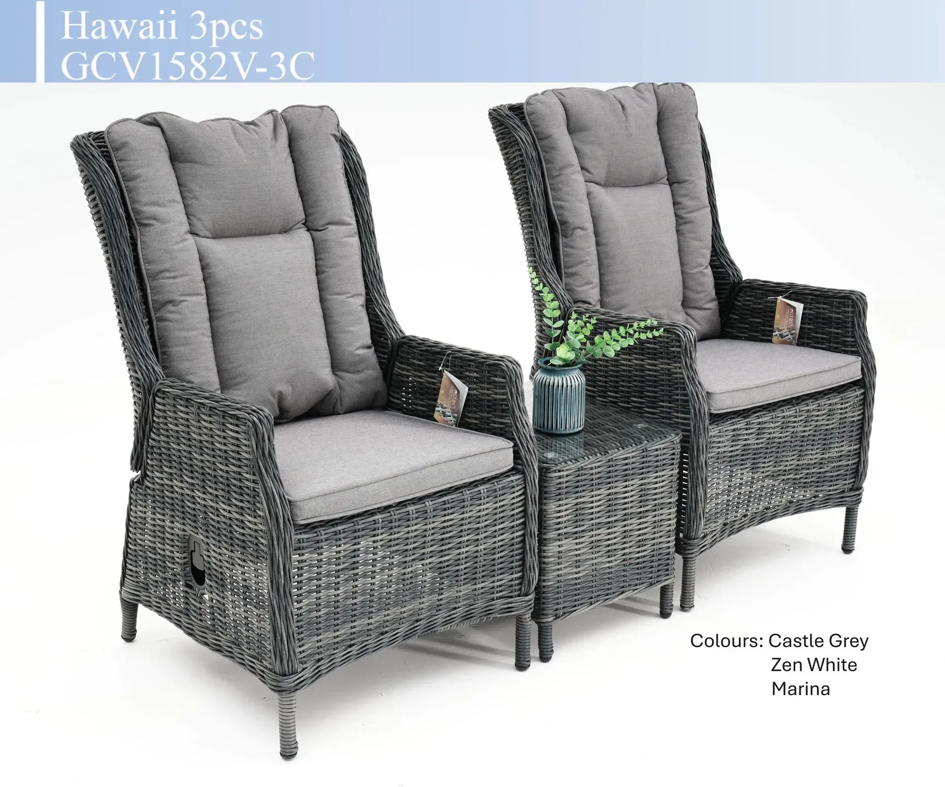 Gray wicker outdoor loveseat set with two cushioned armchairs and a small side table