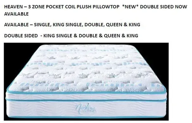White and blue double-sided pillow-top mattress with product text on a black background