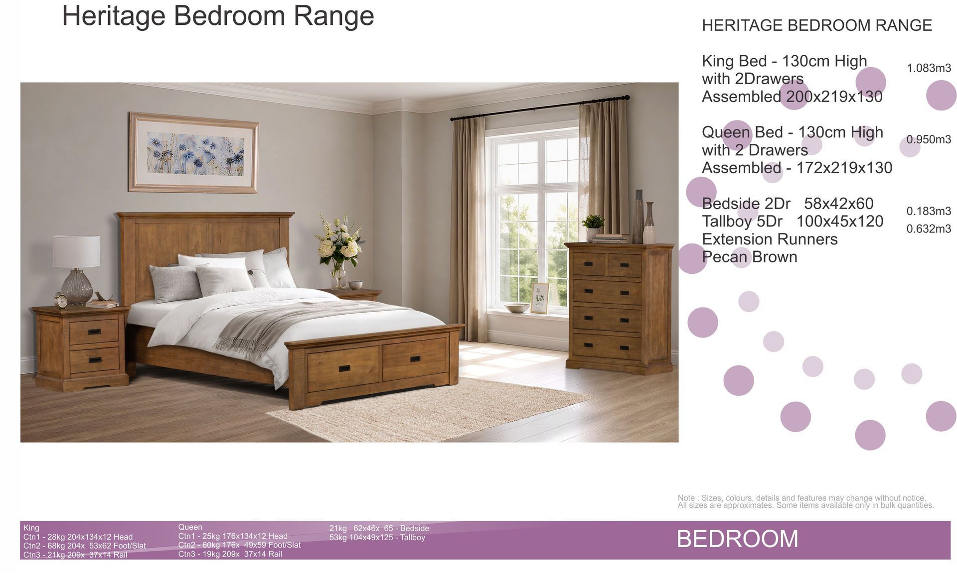 Bedroom furniture set with wooden bed, nightstands, dresser, and mirror in a bright room