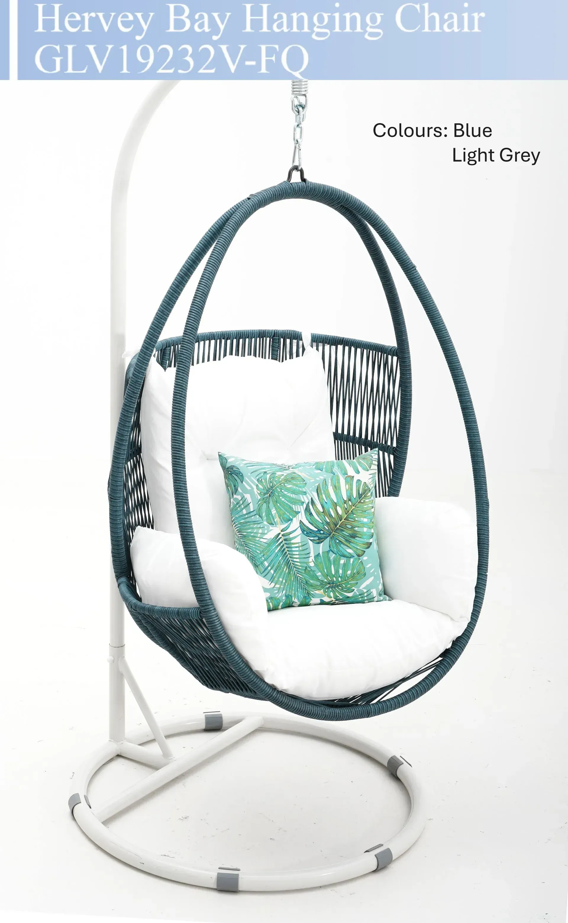 Blue hanging chair with white cushion and stand, shown in a product photo on a white background