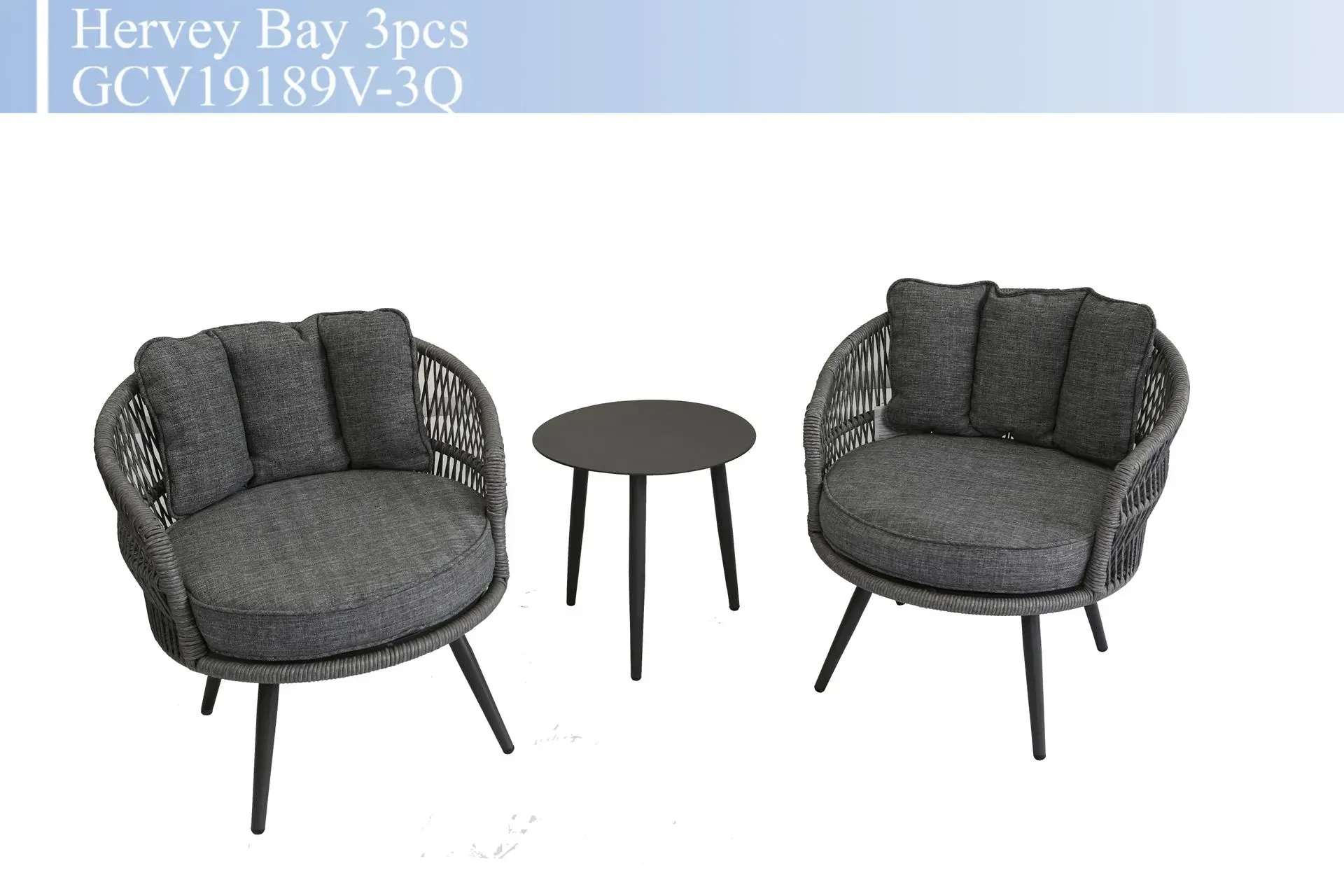 Two gray woven swivel chairs with black legs and a small round black side table