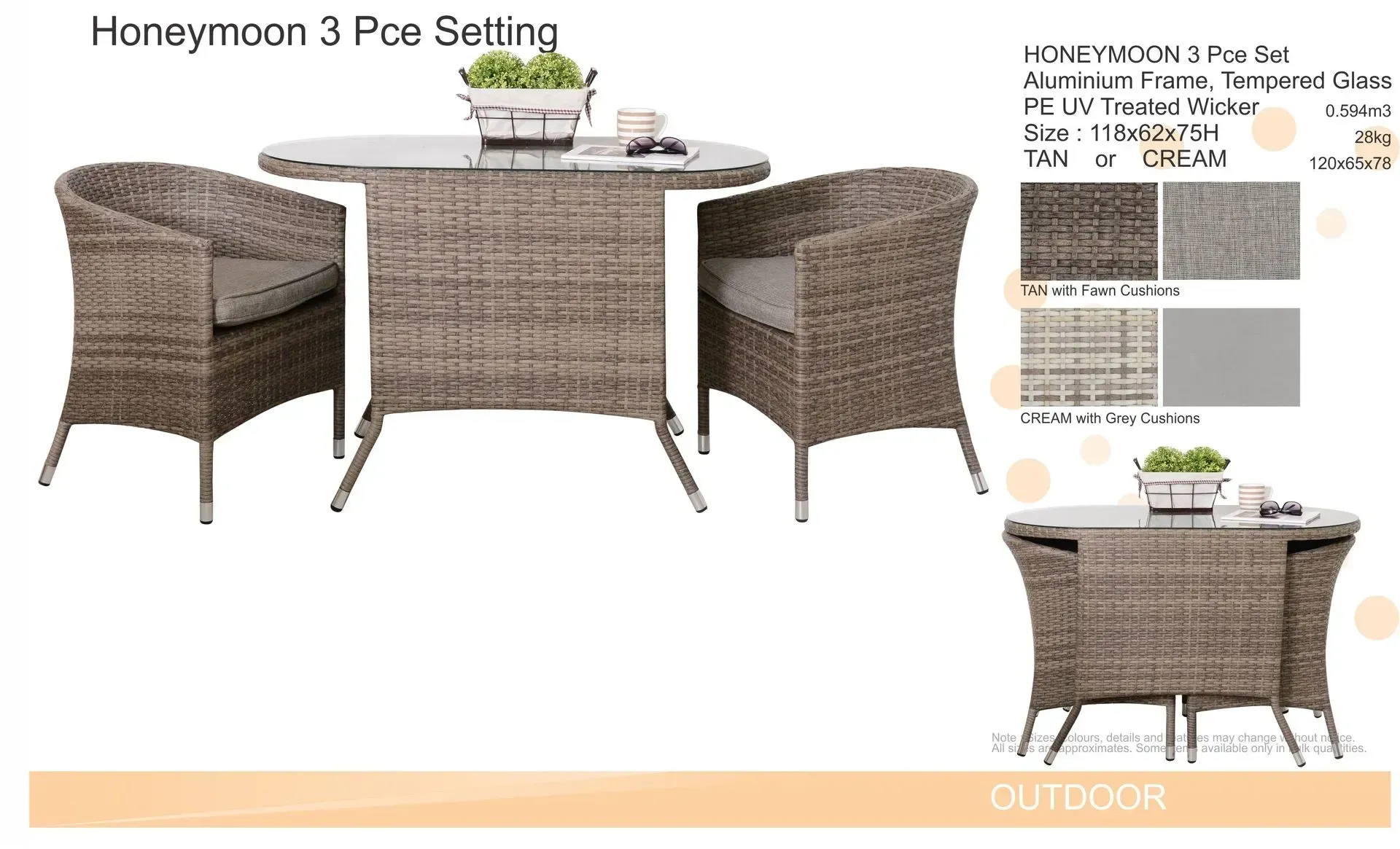 Brown wicker patio set with table and two chairs, shown with fabric swatches and product details