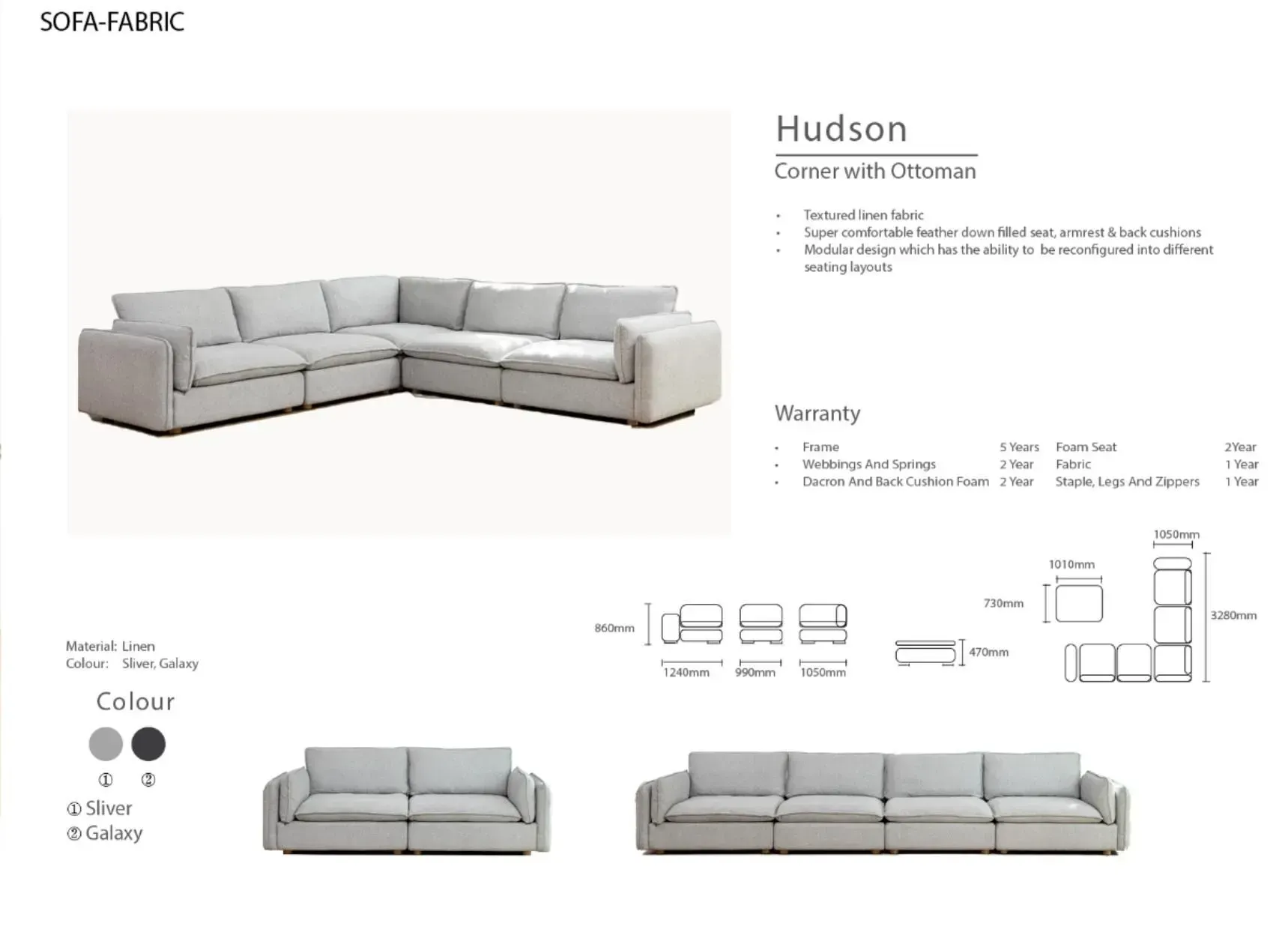 Modular gray sectional sofa with chaise, shown in multiple configurations on a product page