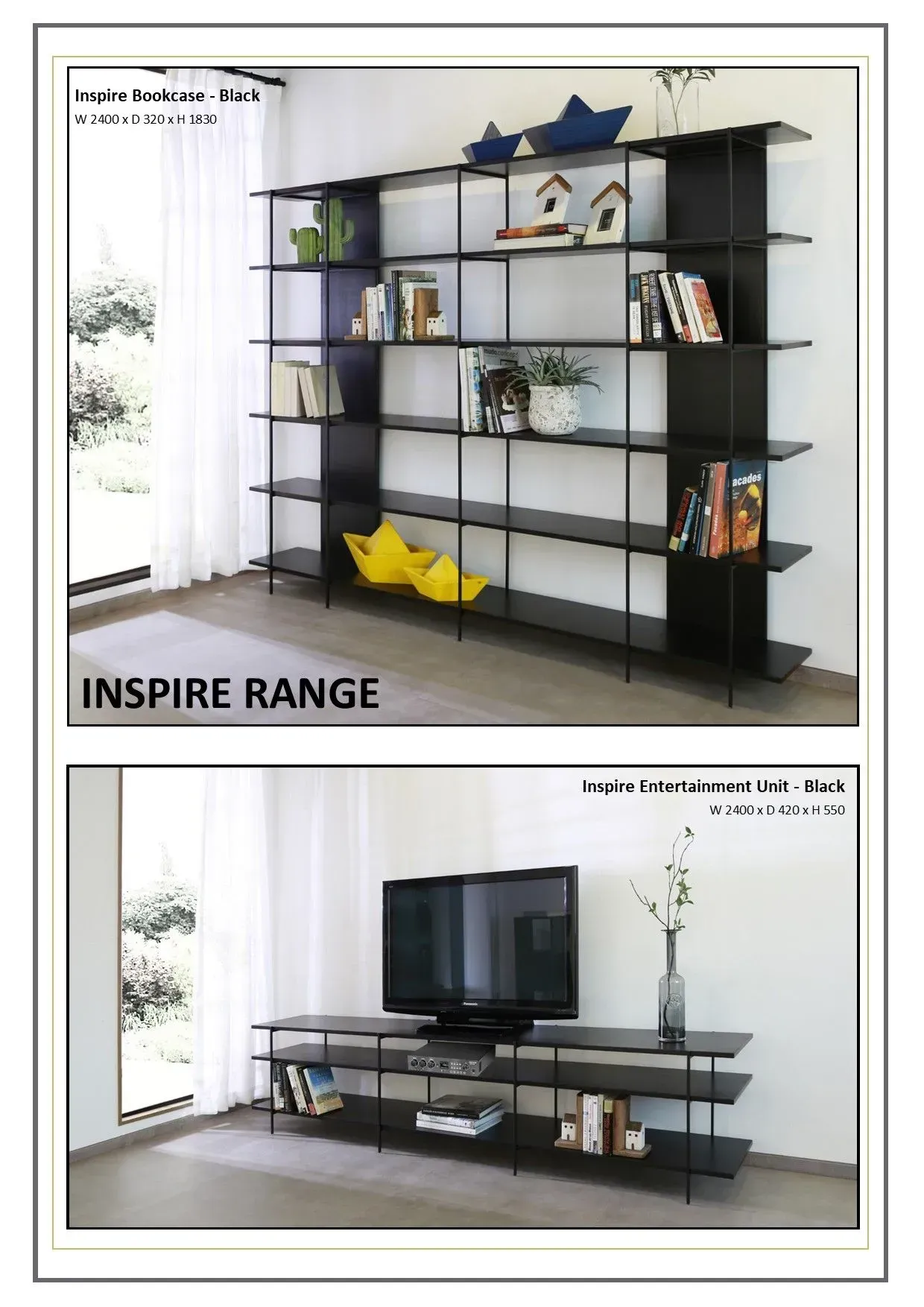 Black metal shelving unit in a bright room, shown with decor and as a TV stand.