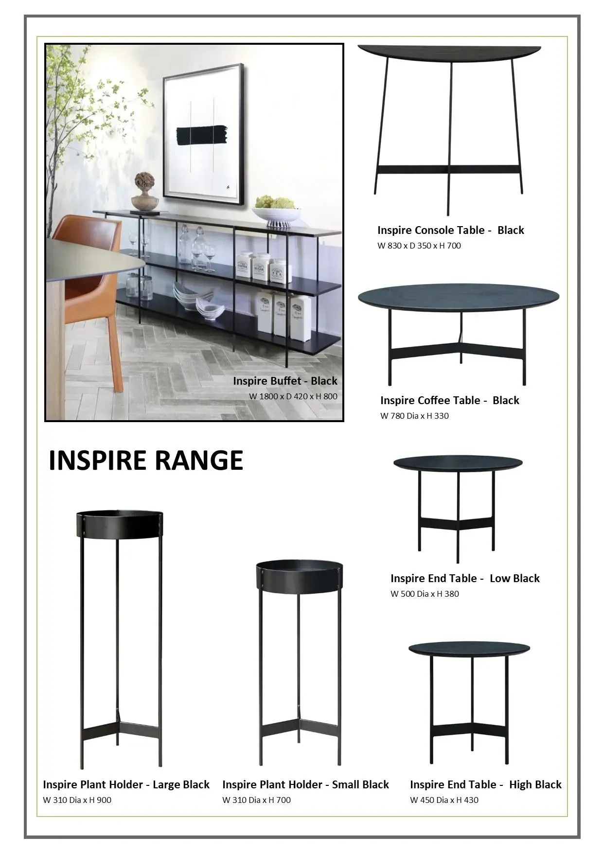 Catalog page showing black metal console tables and tall side tables in a modern interior.