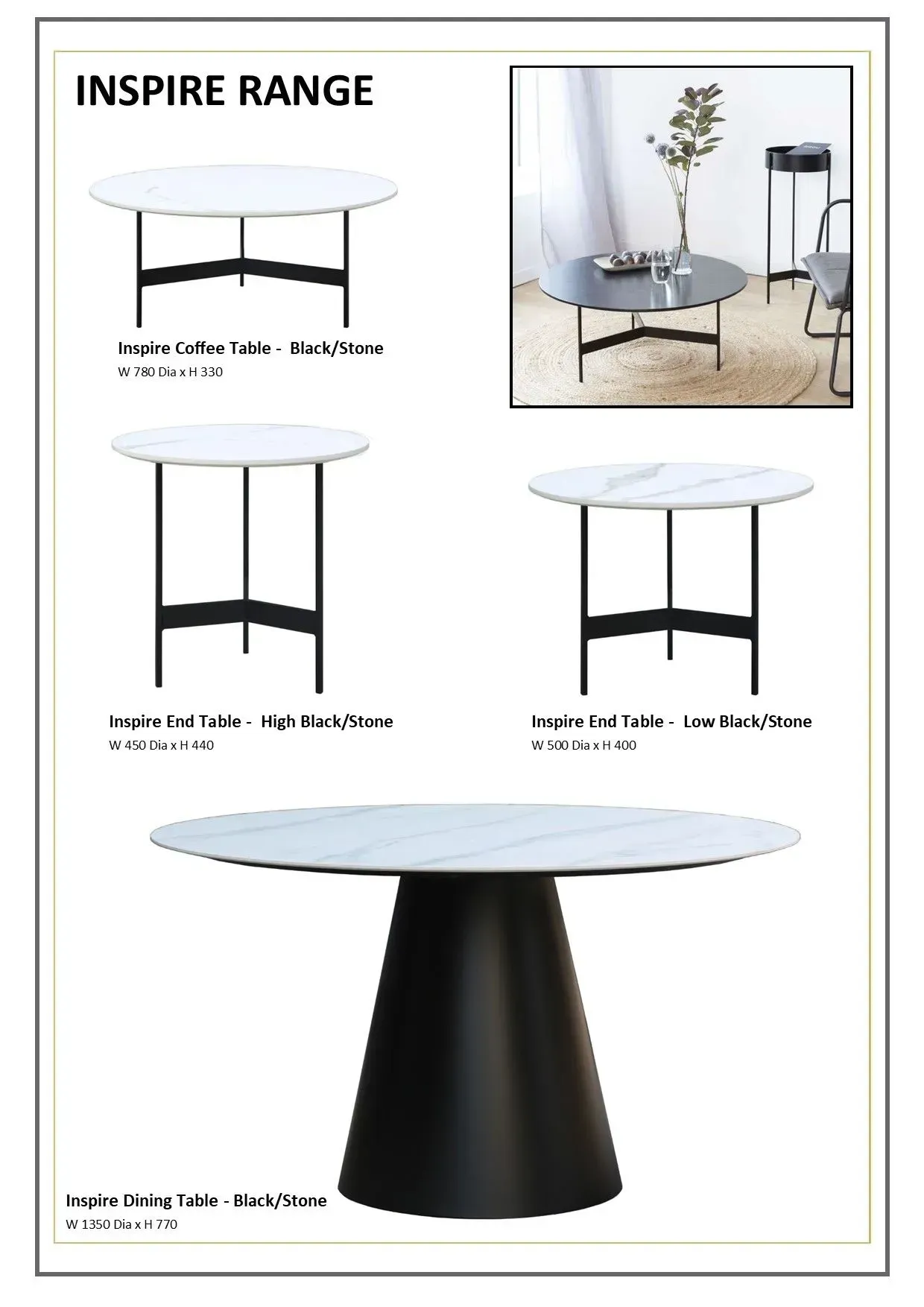 Catalog page showing several round white tables with black pedestal bases, including a large cone-base table.