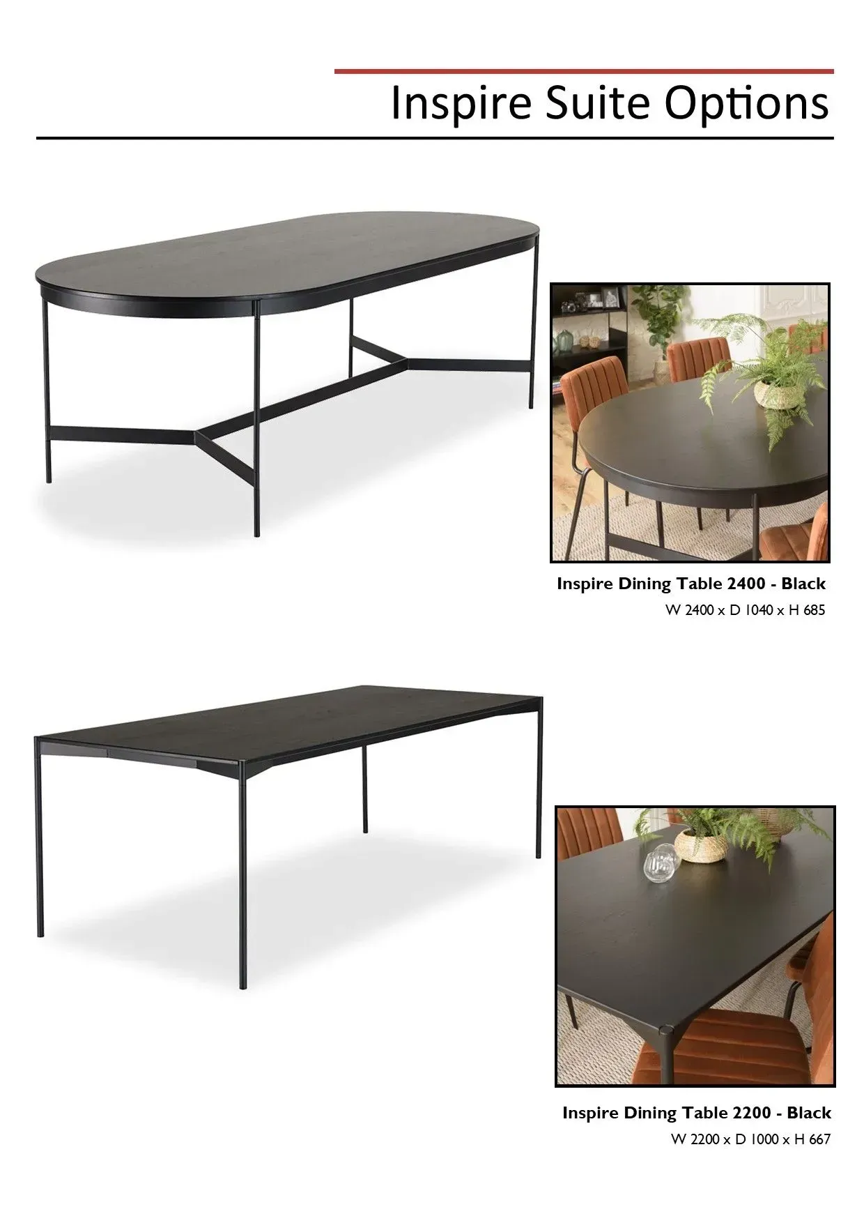 Two black rectangular folding tables shown in a product catalog with small setup photos.