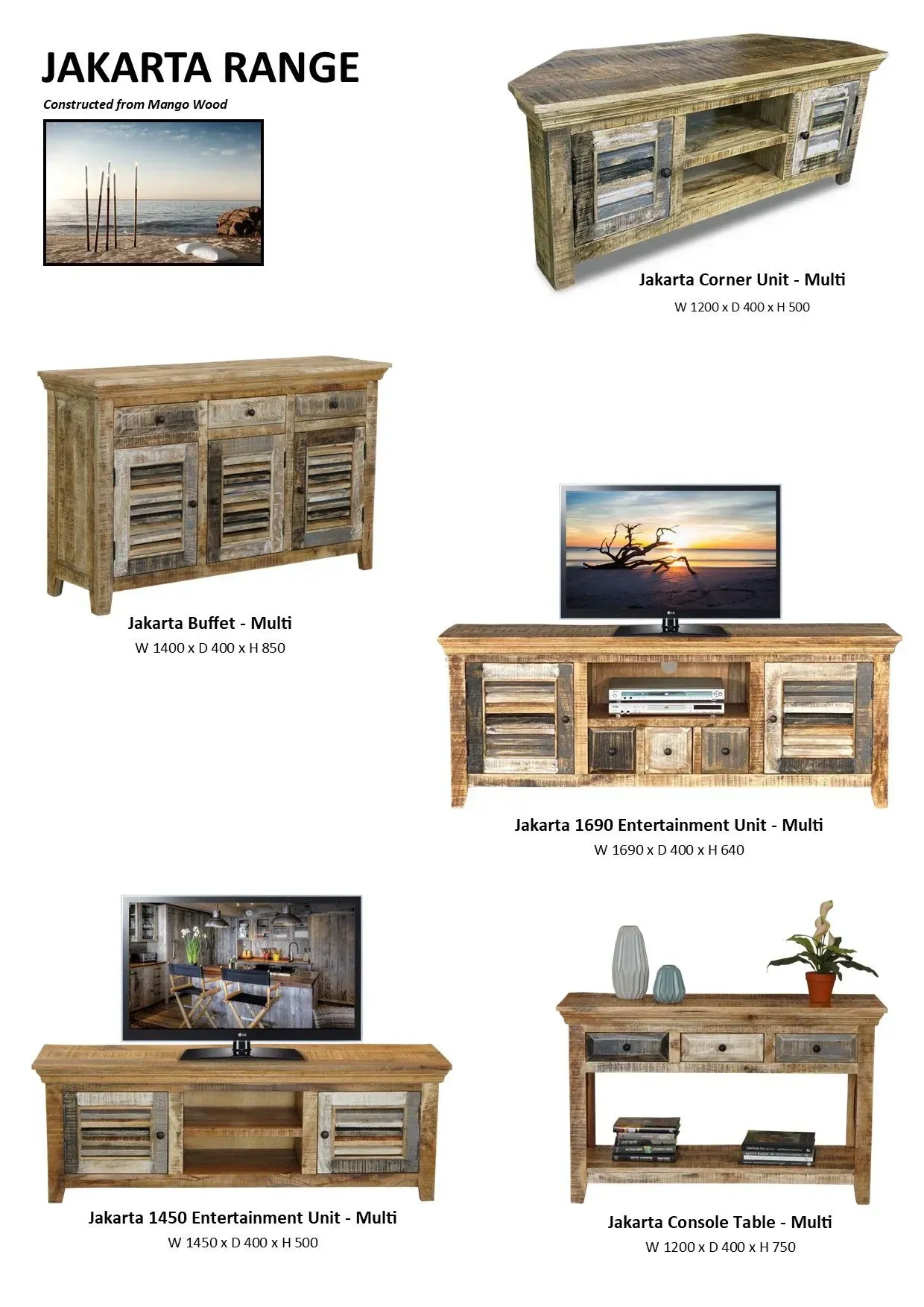 Jakarta range of rustic wood TV stands and cabinets on white background, in multiple finishes