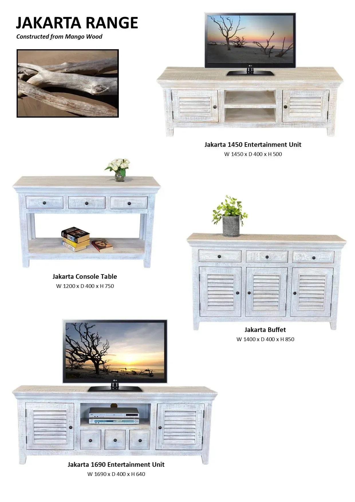 Jakarta range of whitewashed wood TV consoles, dressers, and sideboards with rattan accents