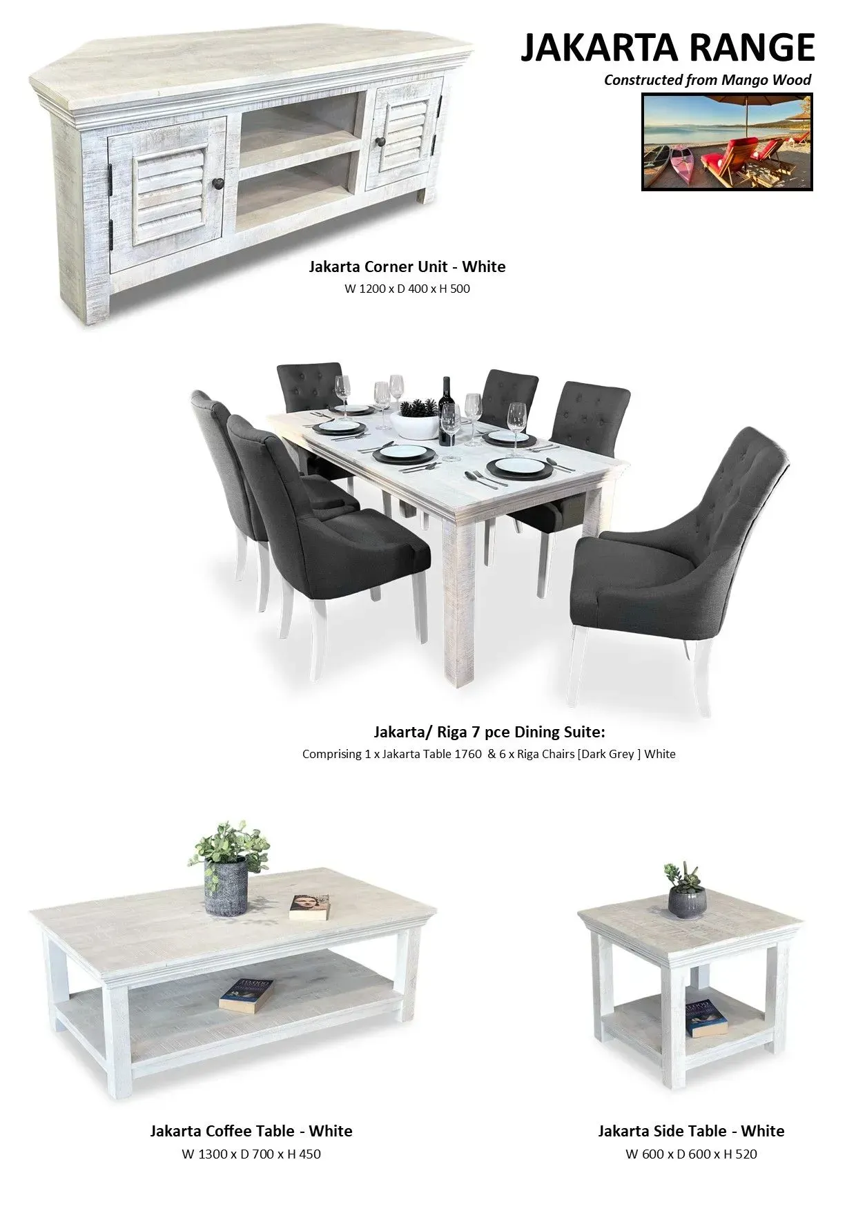 White Jakarta Range dining table and sideboard furniture catalog with black chairs and glass-top table.