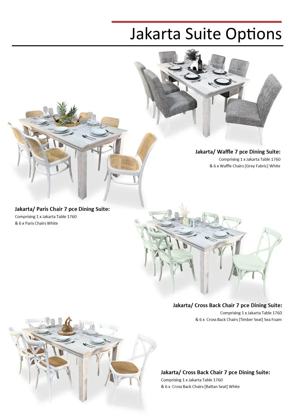Jakarta suite options flyer showing three dining table and chair set styles in white, gray, and mint green