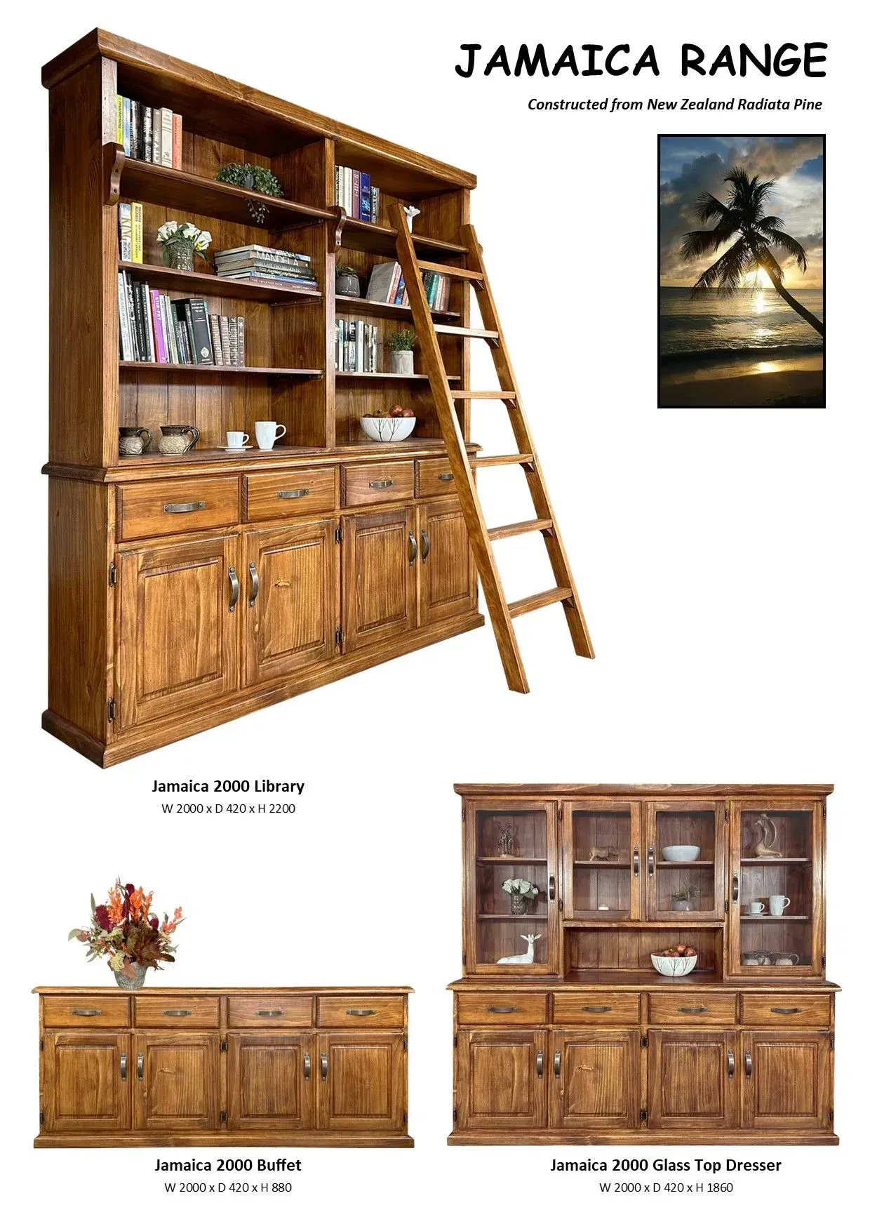 Jamaica Range wooden hutch with ladder, shelves, drawers, and glass-front cabinets in a catalog layout