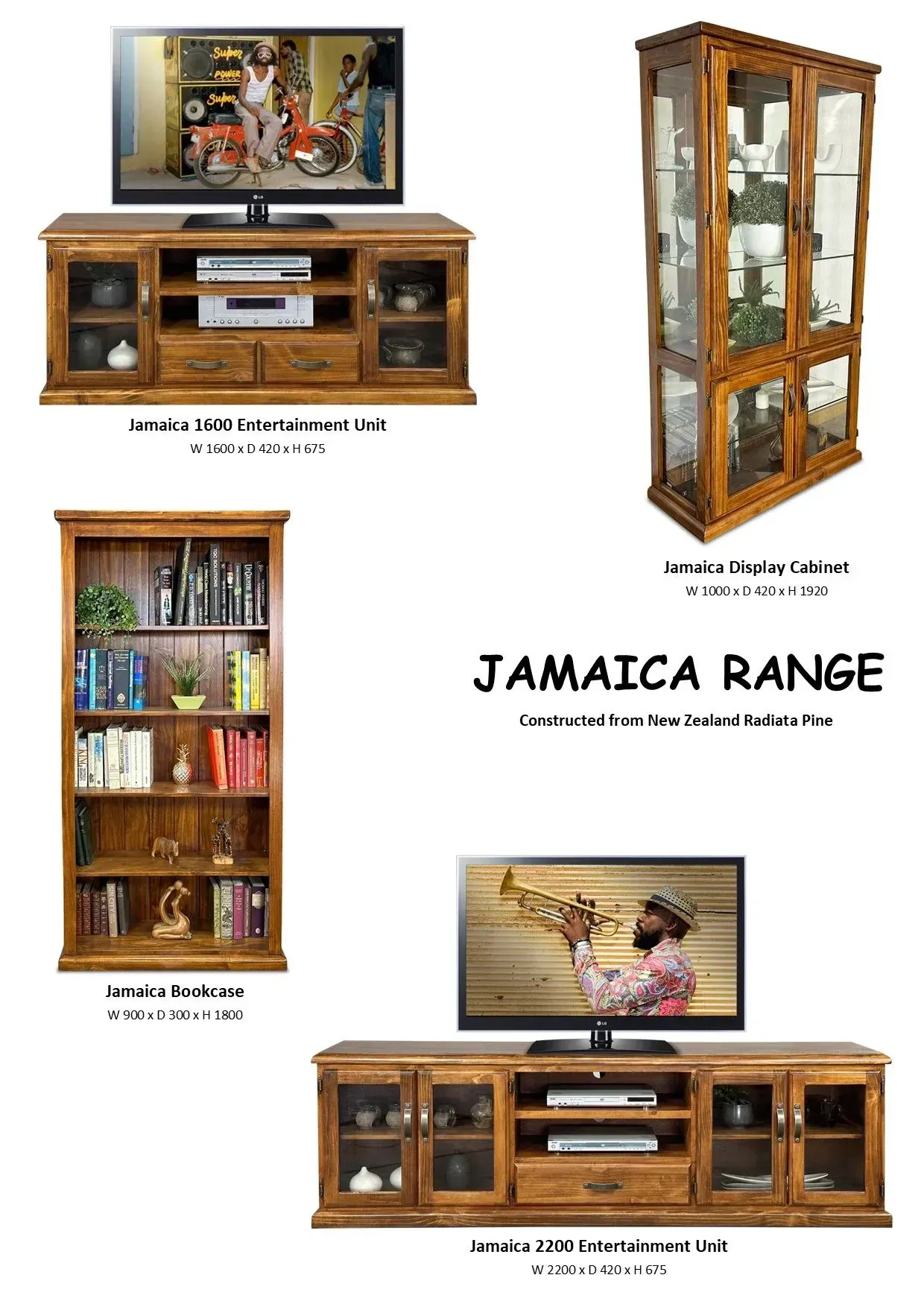 Collage of Jamaica Range TV stands and cabinets in wood finishes, shown from front and side views