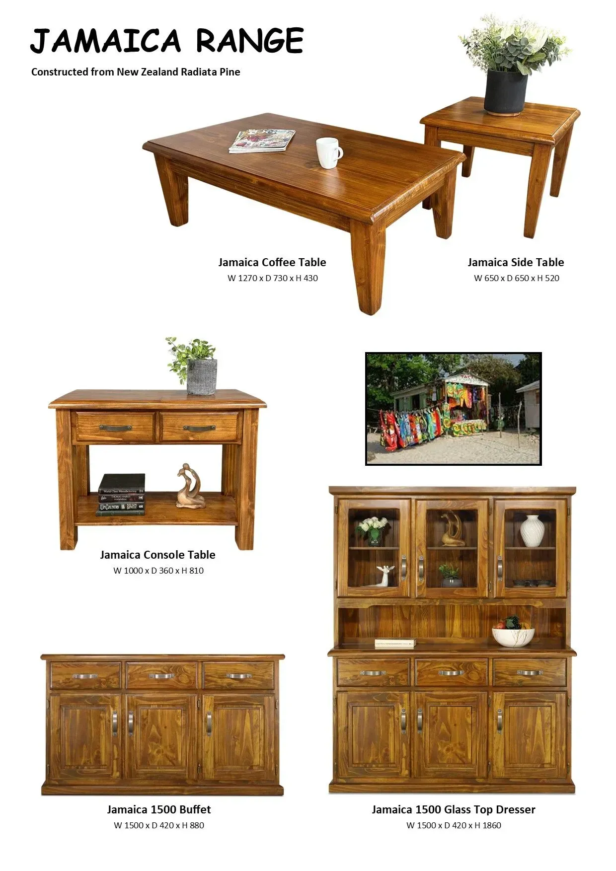 Furniture catalog collage of Jamaica Range wooden tables, cabinet, and sideboard with potted plants and decor