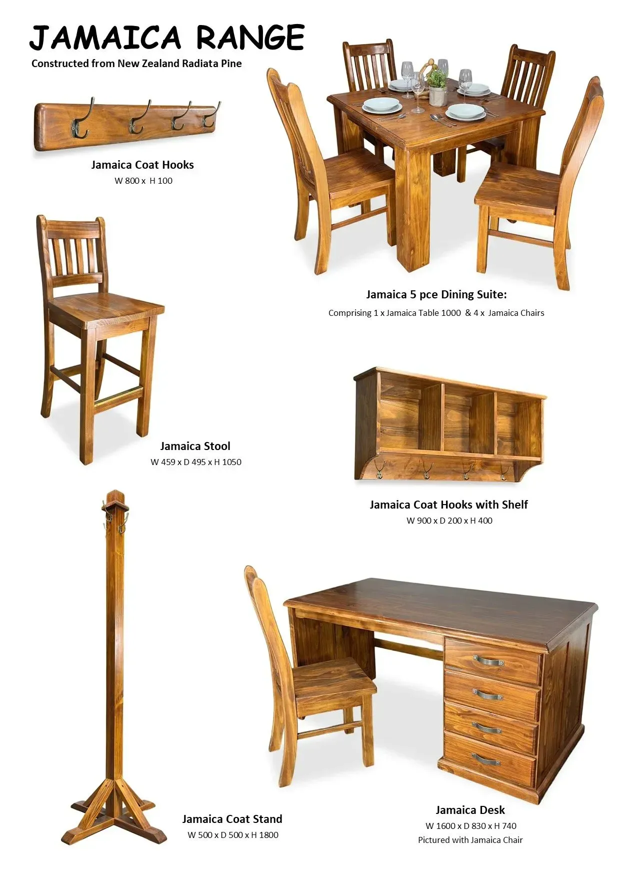 Furniture catalog page showing rustic wooden dining set, chairs, desk, and stand on white background