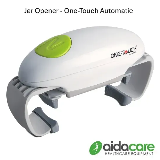White automatic jar opener with green button and gray grips on a white background; Aida Care logo.