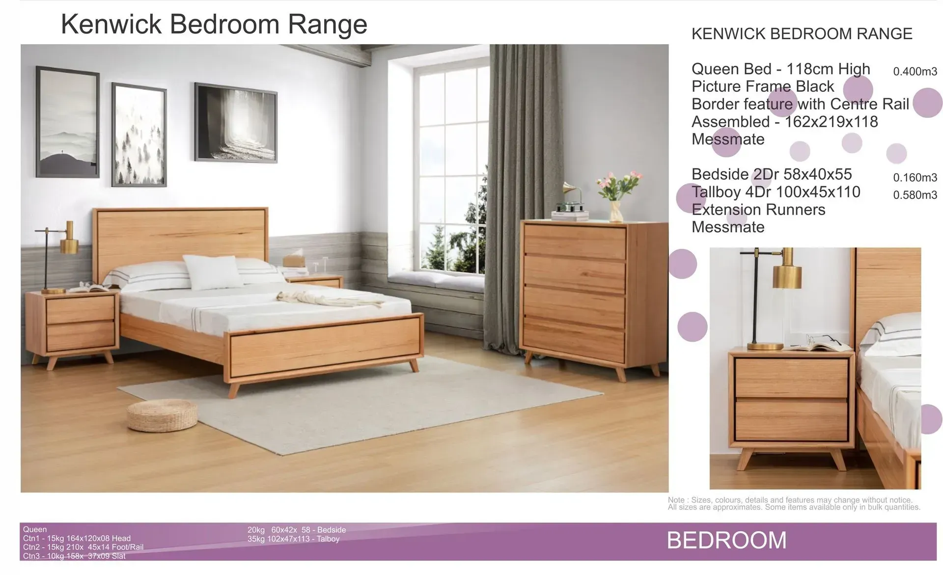 Modern bedroom furniture set with bed, nightstands, dresser, wall art, and curtains in a bright room