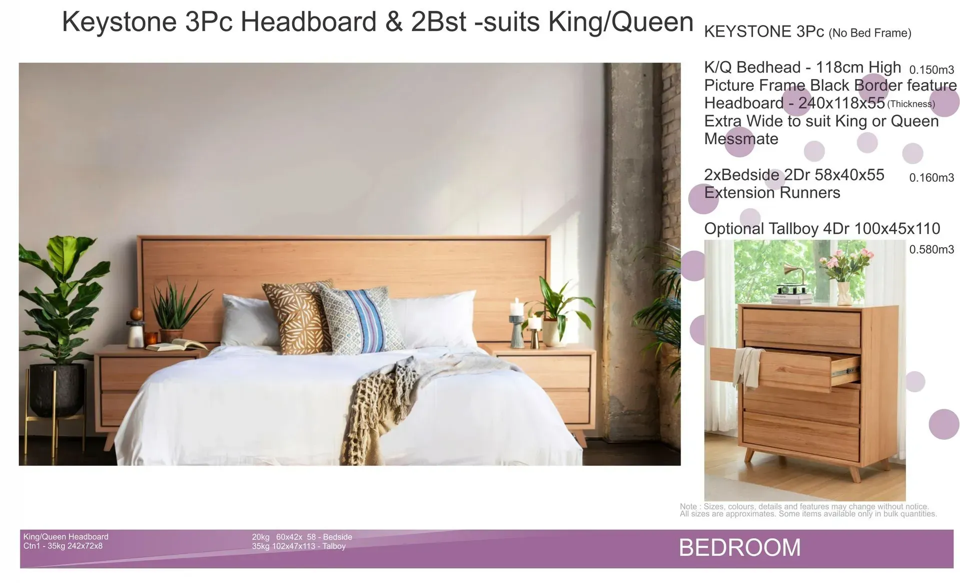 Keystone 3-piece king headboard and 2 bedside tables in light wood, shown in a bedroom setup