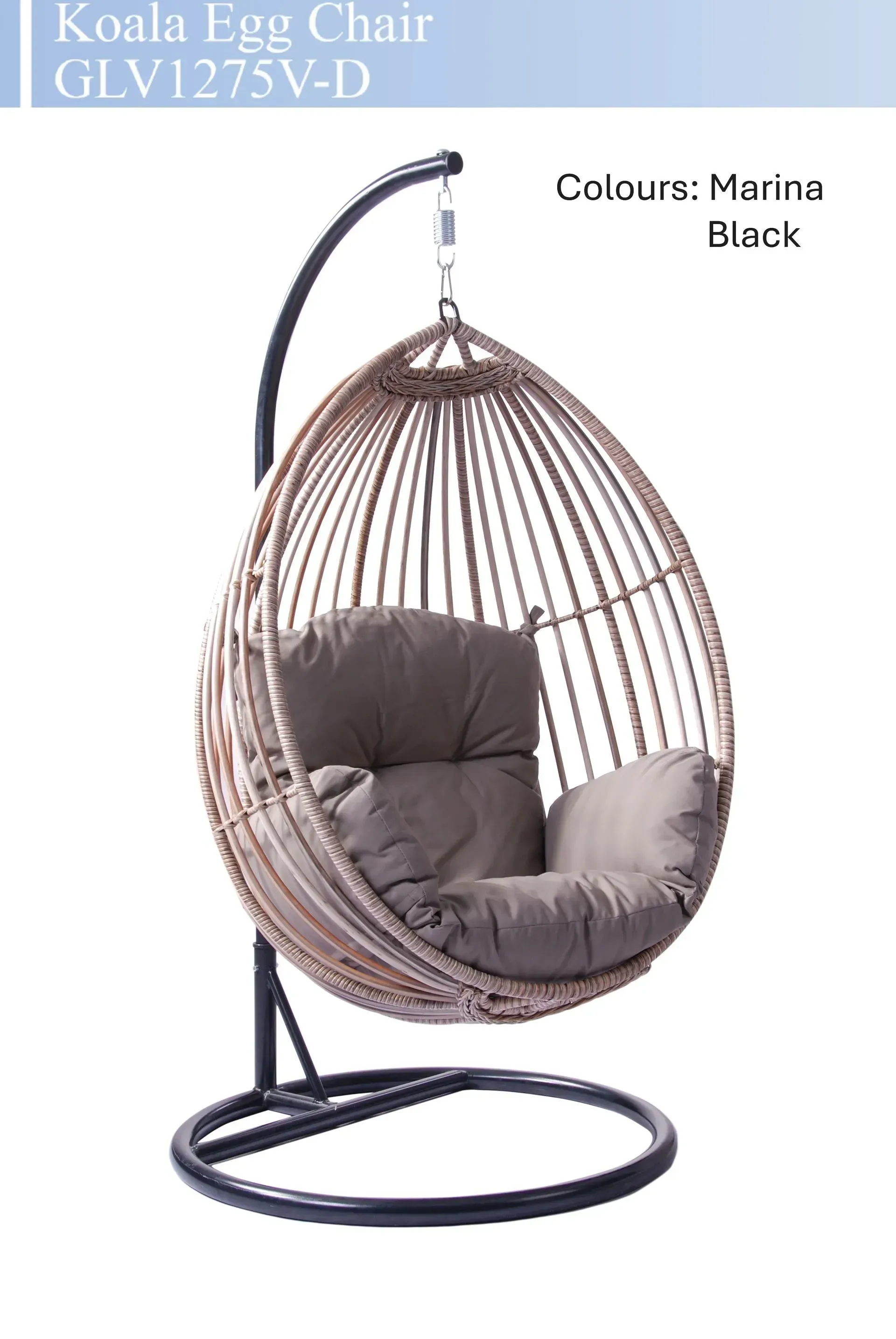 Wicker hanging egg chair with dark cushions and black stand, shown in maroon and black.