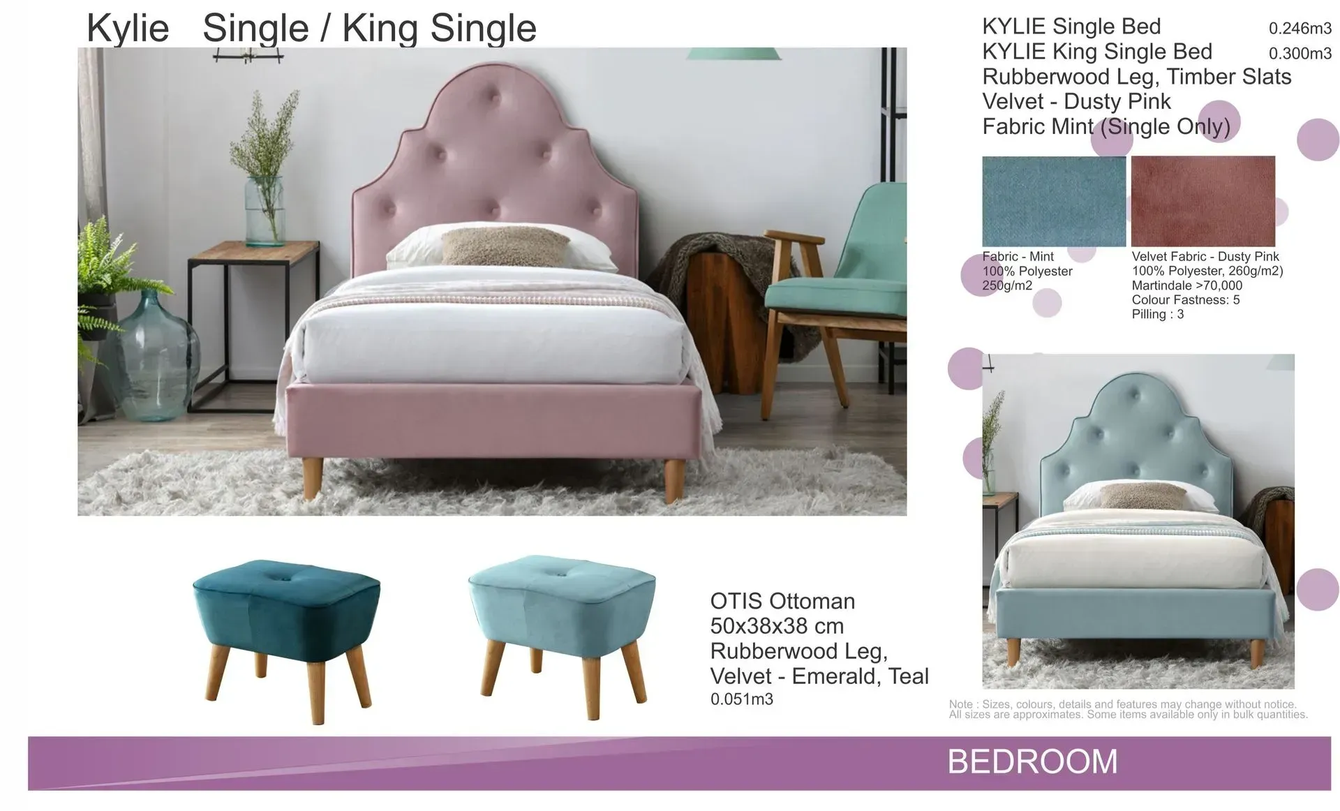 Pink tufted king bed in a bedroom mood board with teal accent chairs and decor samples.