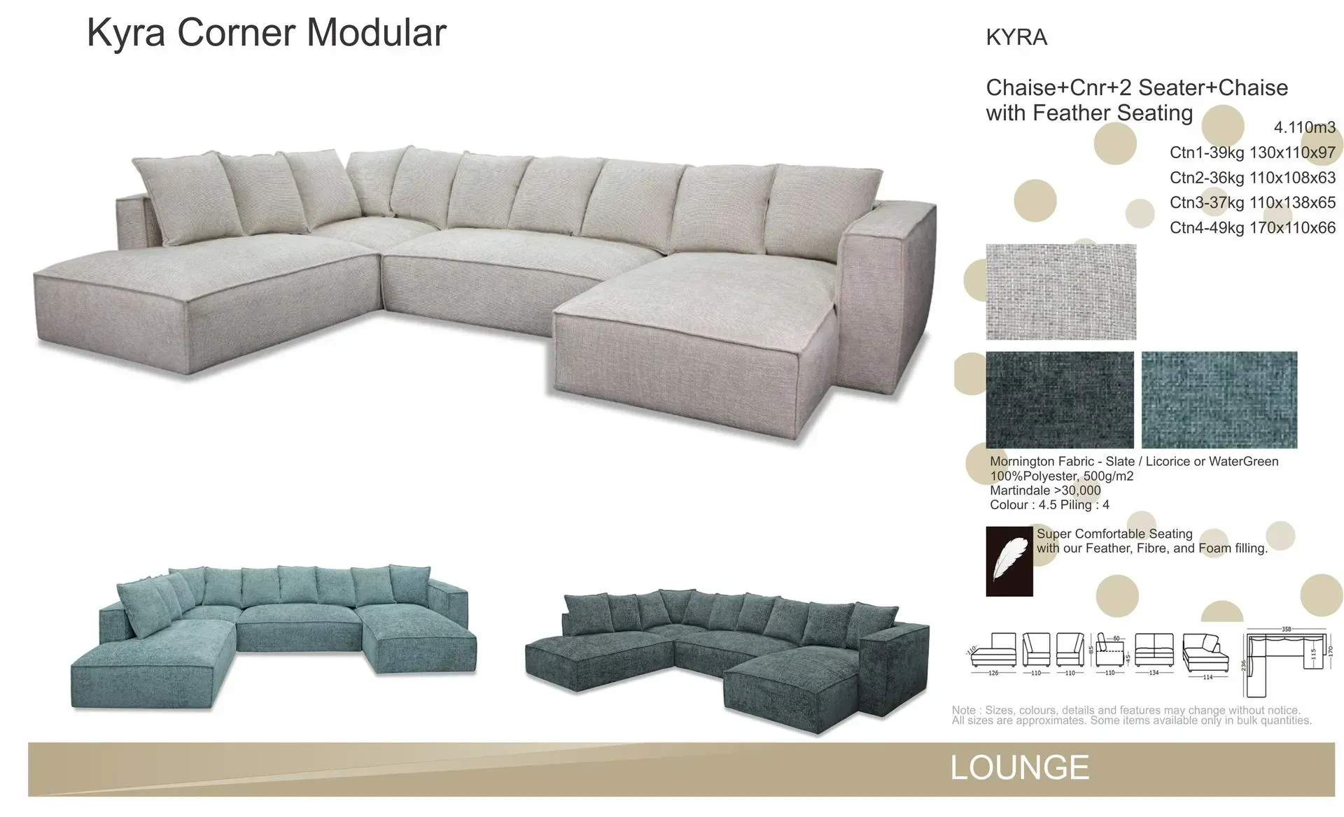 Modular sectional sofa in light gray and teal with fabric swatches and layout options