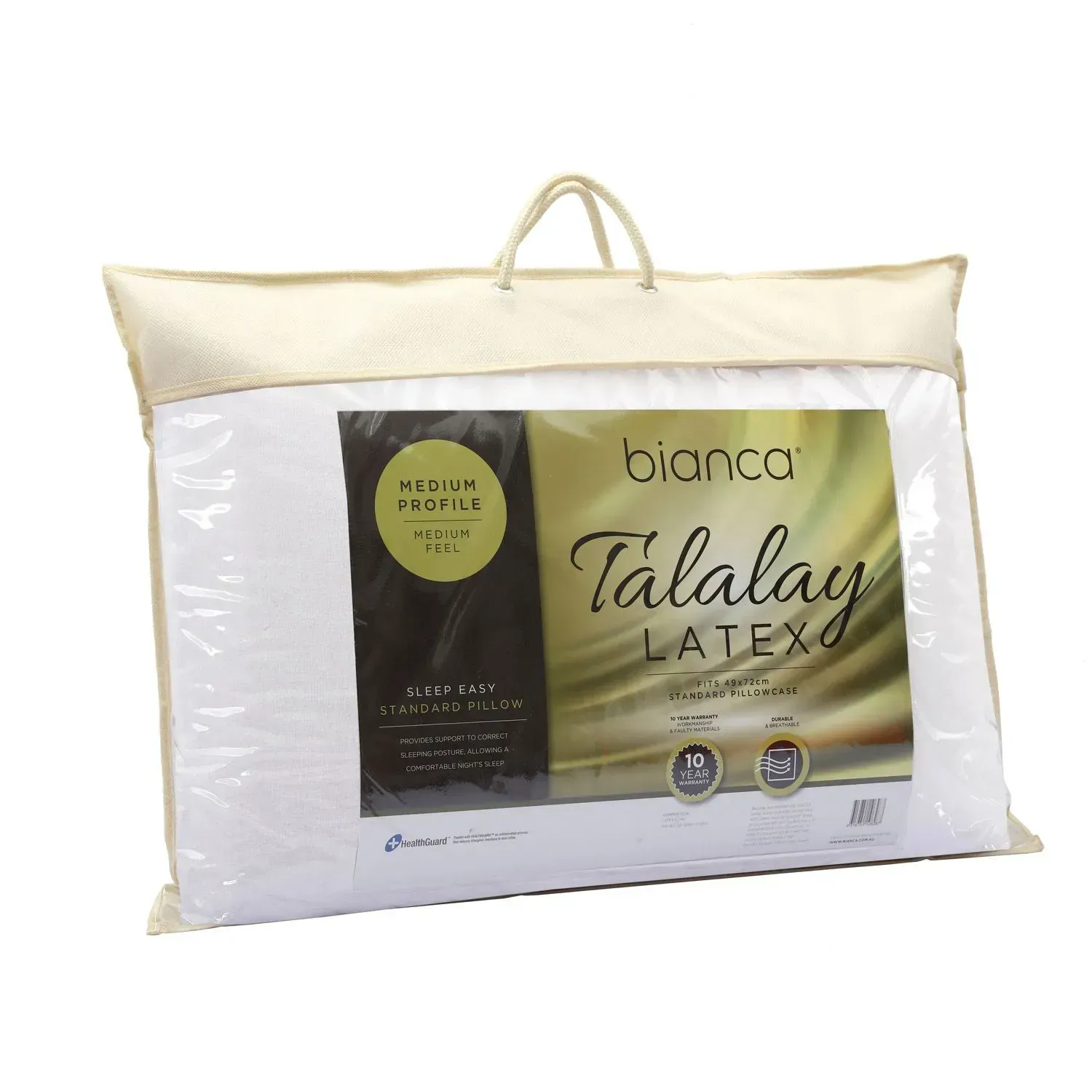 Bianca Talalay Latex pillow in cream packaging with handle, shown on a white background