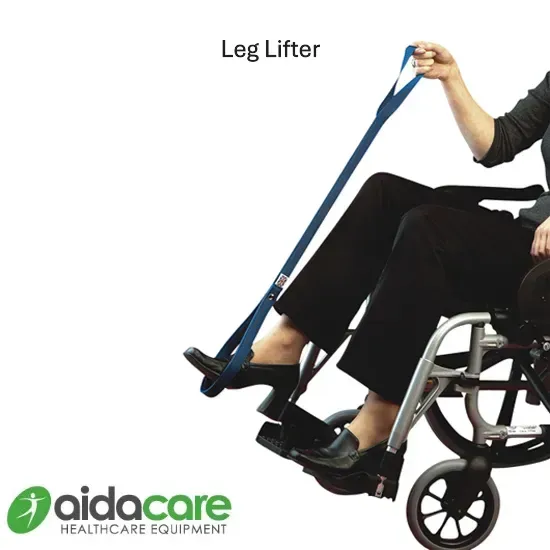 Wheelchair leg lifter strap raising a person’s feet onto the footrests