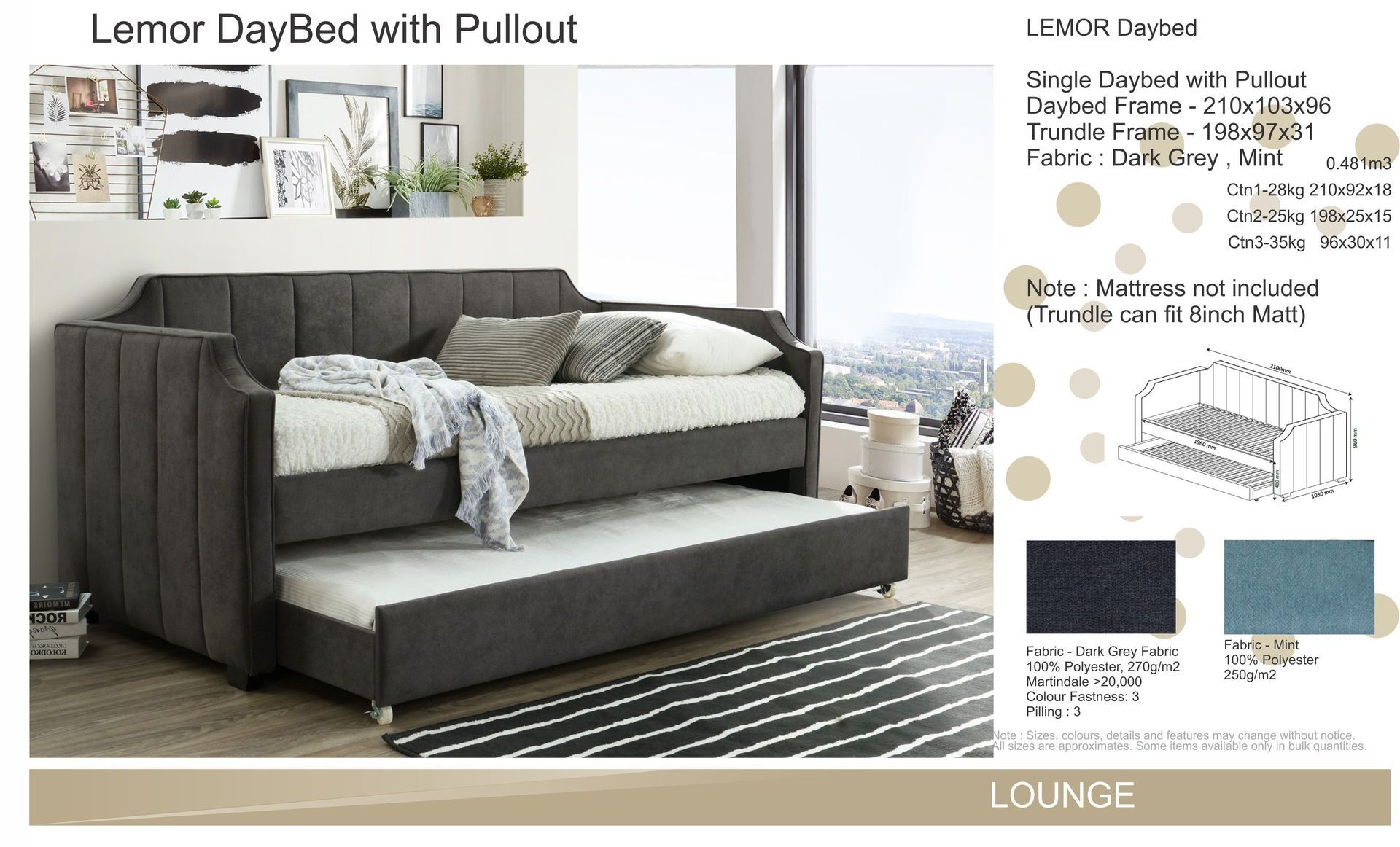 Gray pullout daybed with storage drawers in a modern living room, shown with bedding and decor.