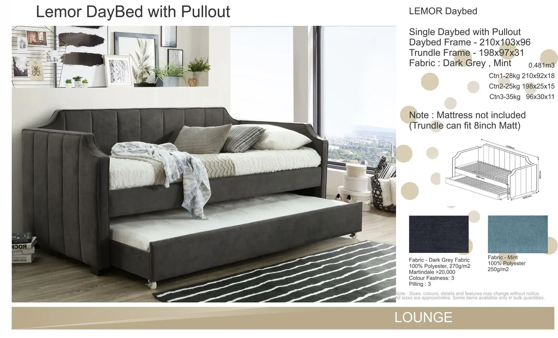 Gray daybed with pullout trundle in a modern living room setting