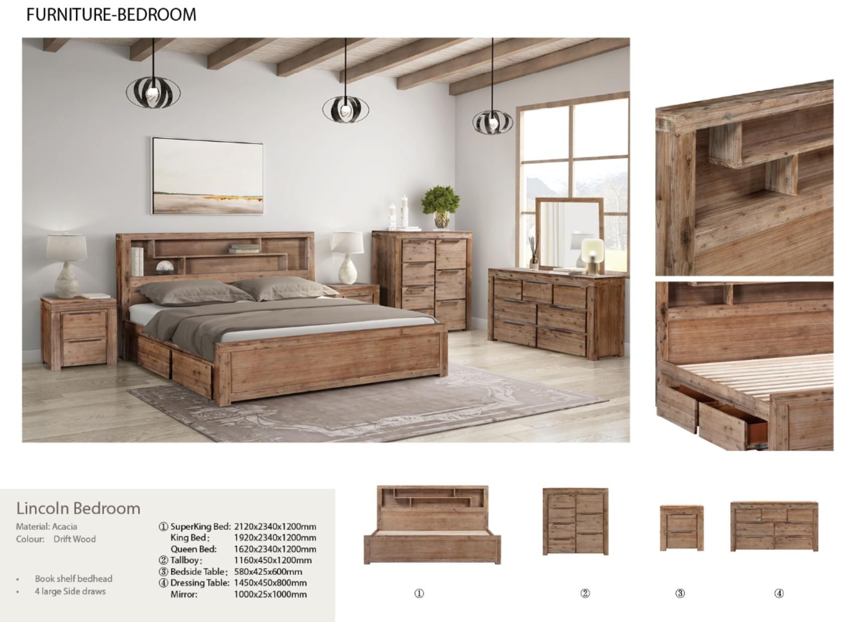 Rustic wood bedroom furniture set with bed, dresser, nightstands, mirror, and wall art in a bright room