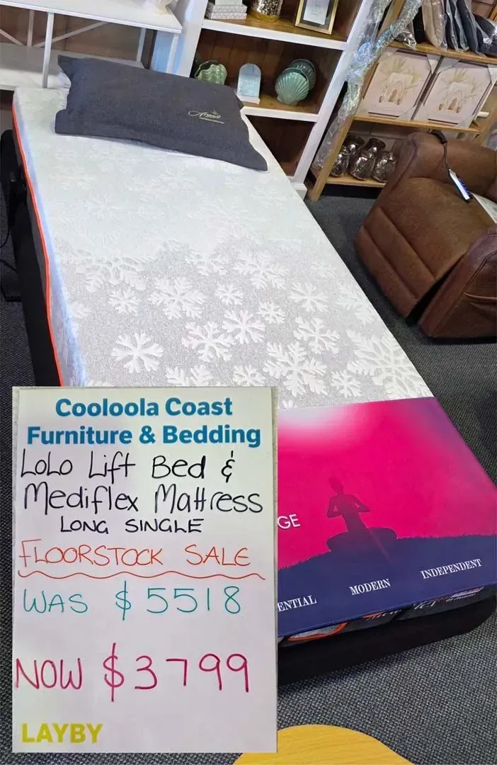 Mattress display with sale sign at Colorado Coast Furniture & Bedding, showing “Now $3799.”