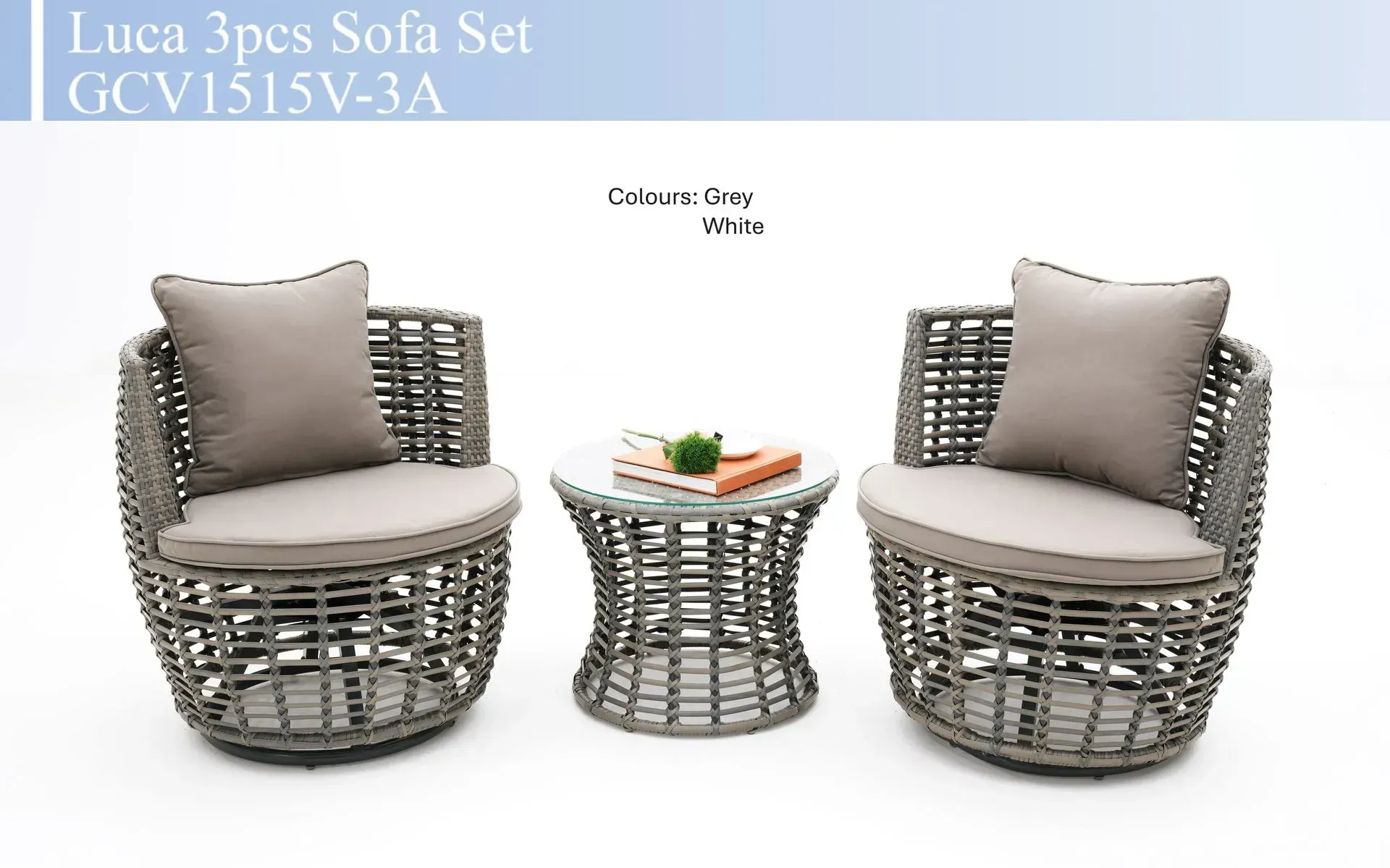 Three-piece wicker patio sofa set with two beige-cushioned chairs and a matching glass-top side table