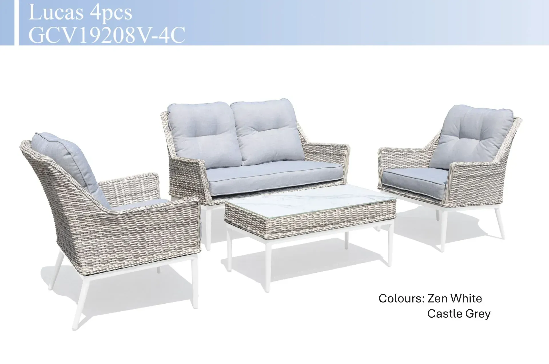 Grey wicker 4-piece patio seating set with loveseat, two chairs, and coffee table on white frame.