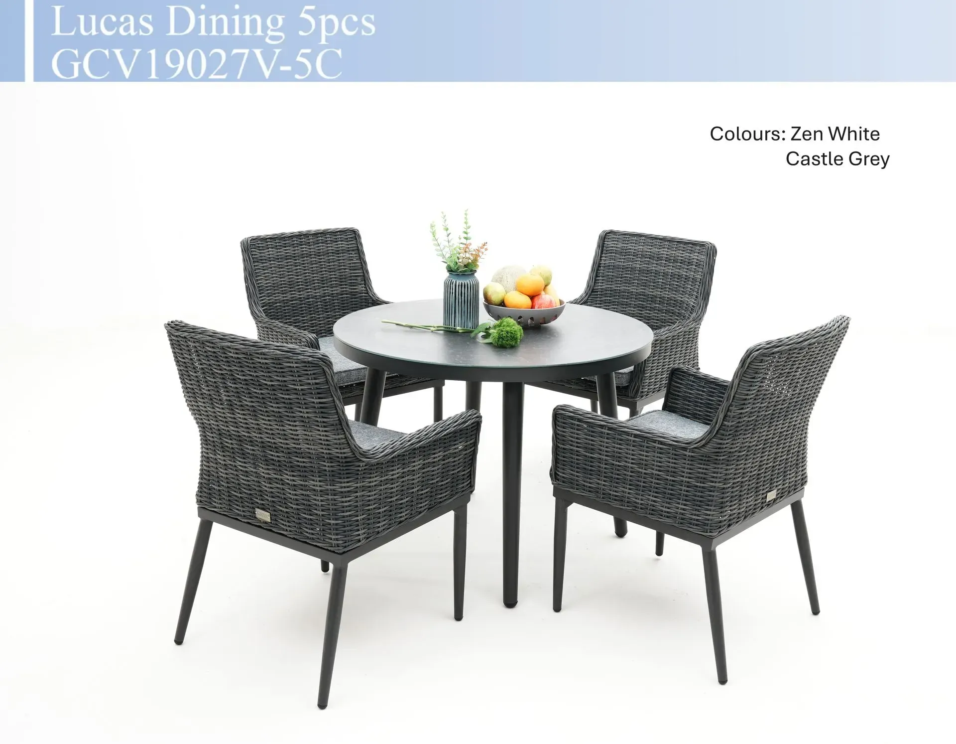 Five-piece black woven patio dining set with round table and four chairs