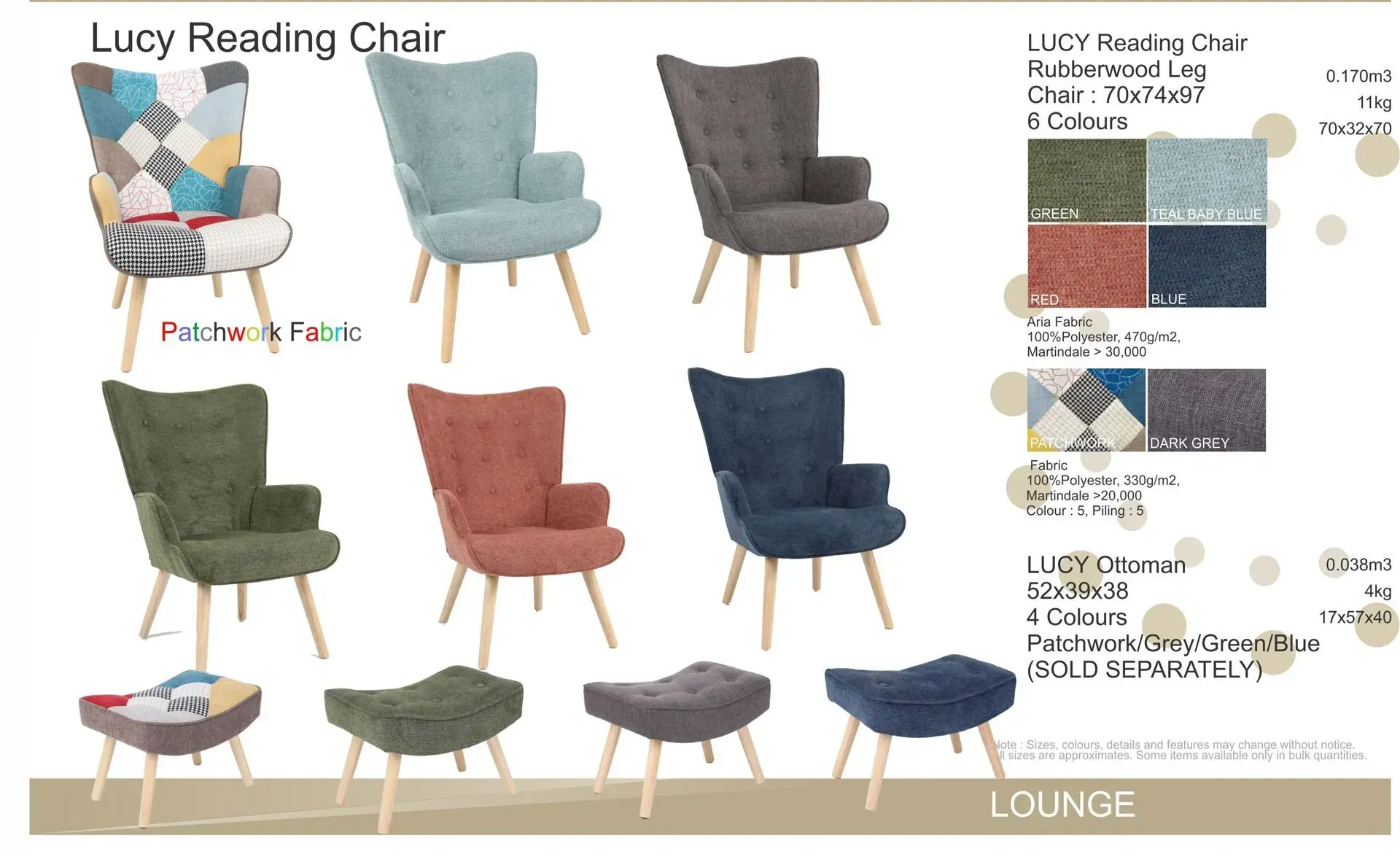 Lucy reading chair product collage showing armchair styles in multiple fabrics and colors