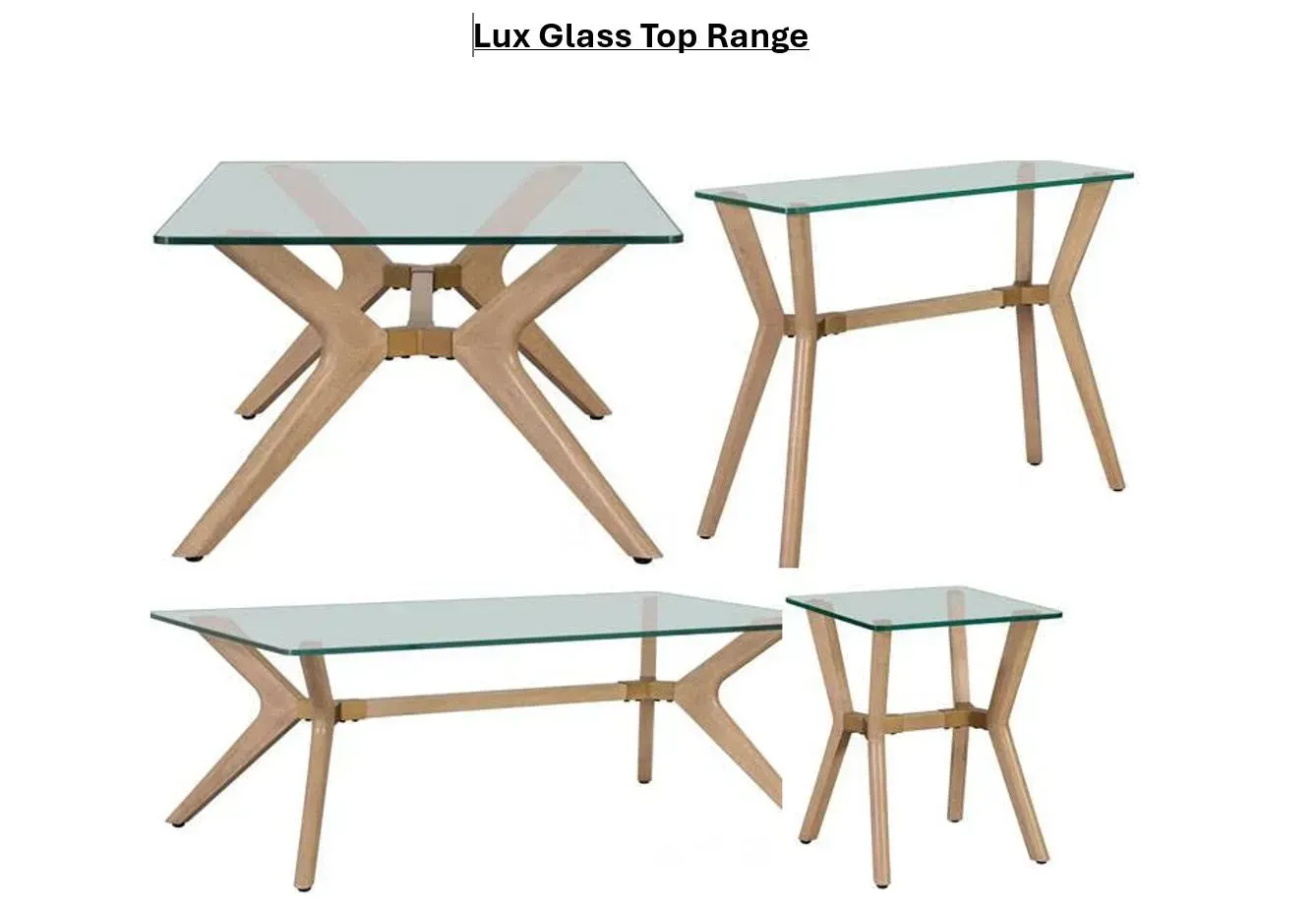 Four views of a glass-top table with wooden legs, shown in light wood finish