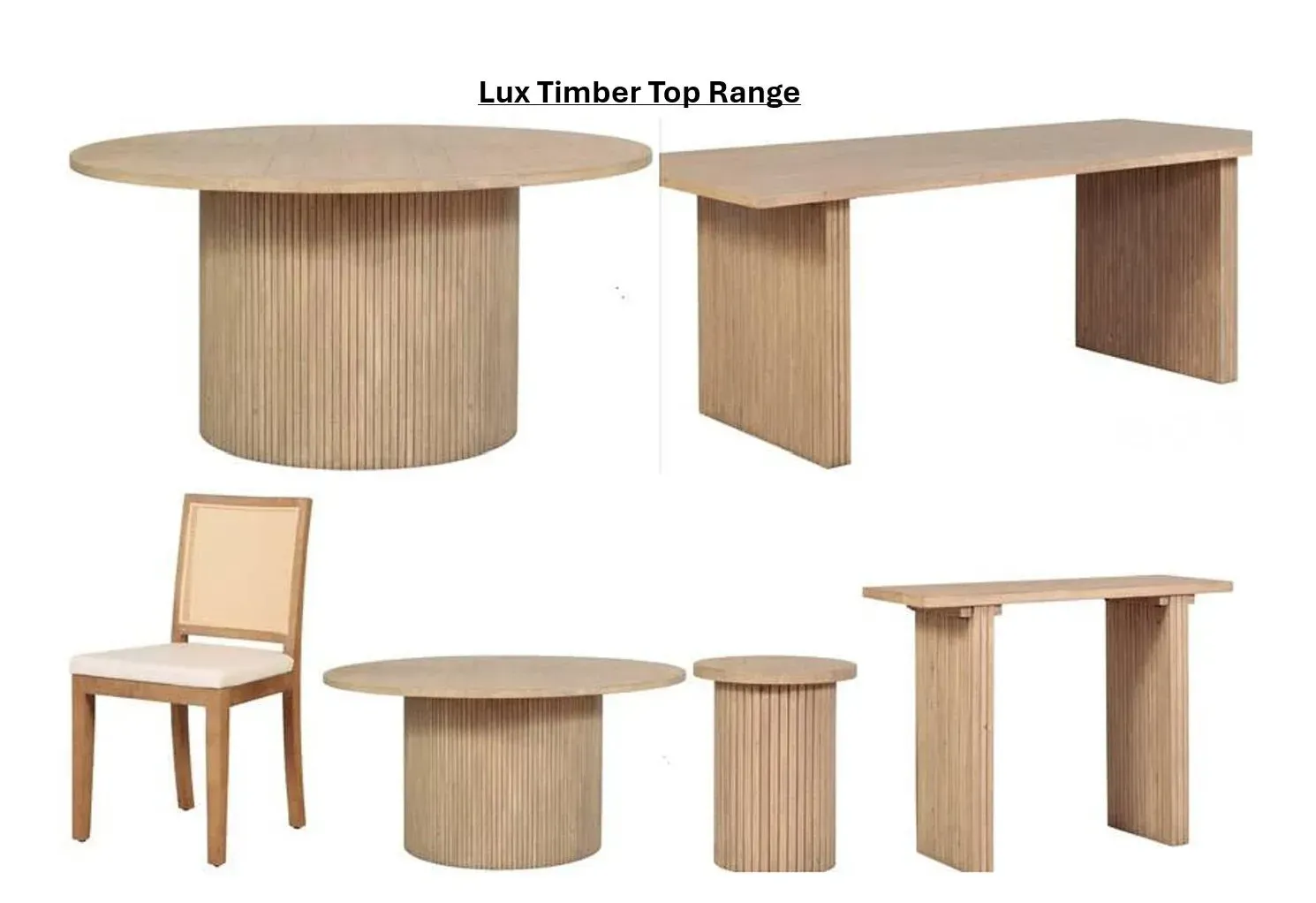 Various light wood furniture pieces, including a round table, desk, chair, and stools, on a white background