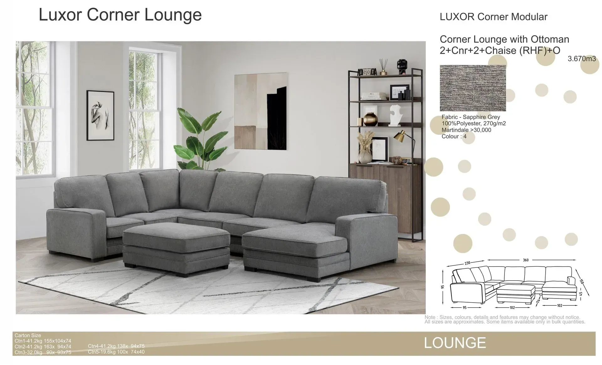Gray sectional sofa with chaise in a modern living room product ad with room layout and fabric swatches