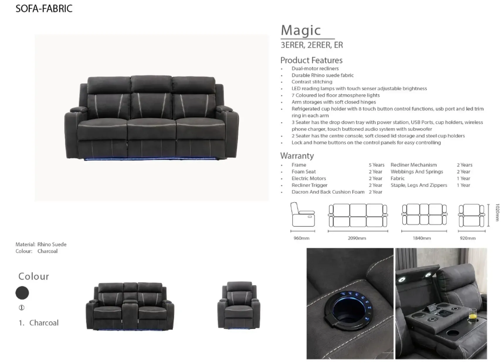 Black leather reclining sofa product sheet with dimensions and close-up feature details